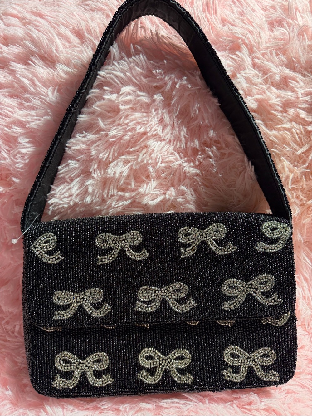 Black Beaded Shoulder Bag with Rhinestone Bow Accents NWOT set
